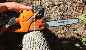 Many of today’s chainsaws will come with felling marks. Similar to the sight on a gun, these lines will help the operator align the cut with the direction the tree will be felled.