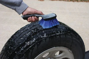 To locate the leak, mop the tire with soapy water.