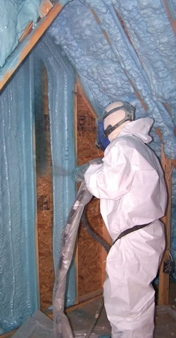 Spray foam is available in two versions, low-density and medium-density. The product is a spray-applied insulating foam plastic that is installed as a liquid and then expands many times its original size.