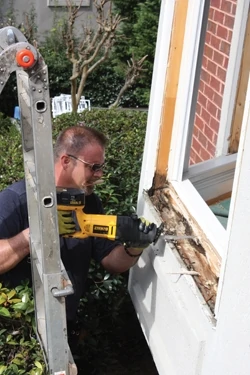 A reciprocating saw is a handy tool for digging out the rotted wood. 
