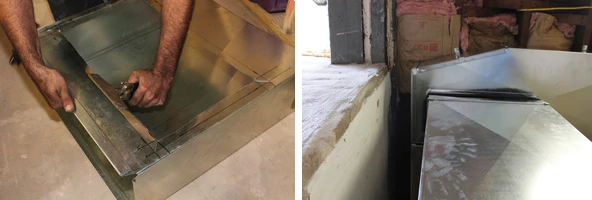 Work neatly. Penetrations in the trunks should be counter-bent so the duct can remain rigid with pressure changes. For this situation the return trunk was chamfered to maintain door egress. This is a smart solution delivered by a smart contractor.
