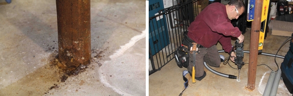 The old structural columns of the home were rusted and in need of replacement. We bored holes in the floor and determined that the footing were still in acceptable condition.
