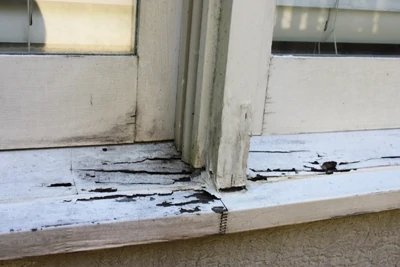 Not all rot is as evident as this badly damaged window. Use a pick or awl to prod the wood casing and trim of doors and windows. Look for peeling paint and soft, spongy wood. 