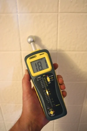 Professional inspectors use moisture meters to check moisture content behind surfaces like bathroom tile and EIFS. The MMD950 Deep Sensing Moisture Meter from General Tools has two measurement modes: Pin and pinless. The pinless mode uses an integral ball sensor with up to 4" measurement depth.