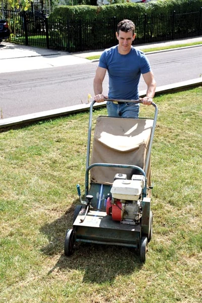 I power-rake the lawn in two directions: east-west and north-south, or at opposing diagonals, to make sure the machine can get at as many broadleaf weeds as possible.