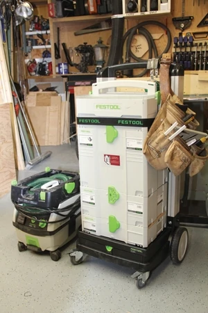The Festool Systainer system interlocks for easy transport with the SysRoll cart, which weighs only 14.3 lbs. but boasts a 220-lb. capacity .