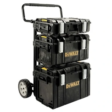 The DeWalt ToughSystem of extremely durable tool boxes can be transported with the DS Carrier, a metal cart with adjustable, foldable brackets that allows tailored configuration. 