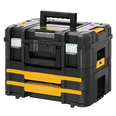 DeWalt’s TSTAK system is a flexible storage platform that allows different combinations. All units can stack on top of the other and connect with durable slide latches.