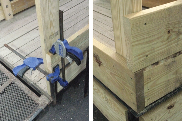 Get the first course of planking started. To hold the pieces tight if you’re working alone, a few bar clamps can be your best friend. Lock ‘em and sock ‘em. To get a really cool, powerhouse look, I alternated the corners to create a kind of box joint. 