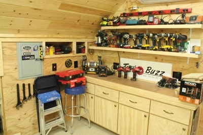 When incorporating a bench into your garage of workshop, don’t forget to provide power for lighting and electrical outlets. 