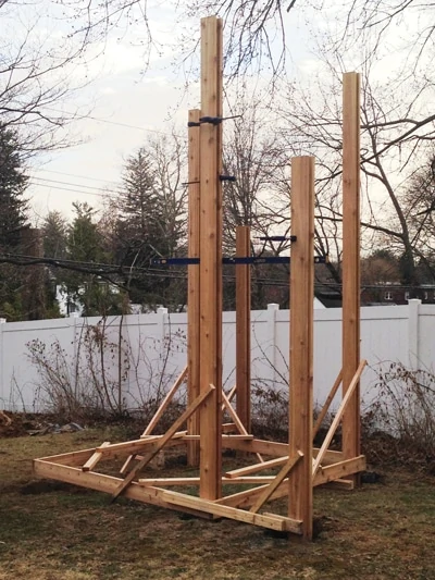 For the second-level posts (shorter posts, foreground) we used outriggers from the template to mark them for layout then stabilize them for installation.