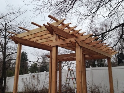 Here’s the pergola with all its pieces from the ground up. The combination of posts, girders, rafters and purlins can be modified for almost limitless design choices. 