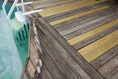 The rebuilt deck with old and new boards. Note the rot on the pool edges, these boards haven't been replaced yet. 