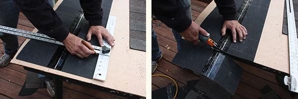 Use a T-square as a guide to mark the cutline on the rear of the shingle. The Ridgid Roofing Cutter is an air tool that slices asphalt shingles quickly. 