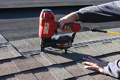 The Senco RoofPro 455XP is handy new roofing nailer that saved lots of time on this job. 