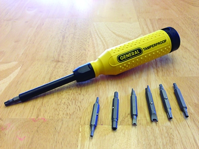 General Tools’ Multi-Pro Tamperproof Driver (8141) contains seven double-ended tamperproof bits. 