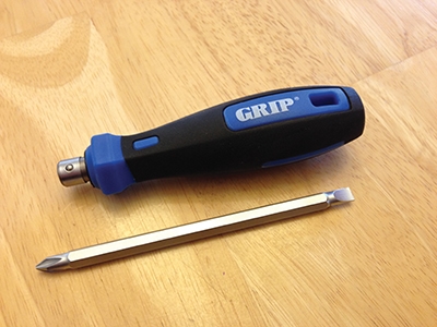 The Grip 8-in-1 Professional screwdriver features a long, thin single-piece shaft that can reach recessed bits in tight spots where a hex-end driver can’t fit. 