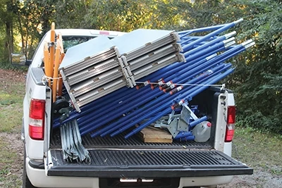 When disassembled the kit fits in the bed of a pickup truck for transport or storage.