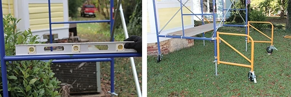 Lockable wheeled outriggers provide additional safety, stability and portability to the scaffolding system. The scaffolding must be assembled completely level, with adjustments made to the screw-jacks on the bottom legs.