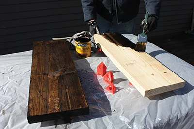 Brush on the wood stain then immediately wipe off the excess with a rag. 