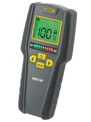 The MMD7NP moisture meter from General Tools & Instruments is a value-priced unit with a number of high-value features, such as automatic calibration and individual settings for drywall, masonry, softwood and hardwood. Pinless, non-penetrating operation reliably detects moisture underneath finished surfaces, making this unit ideal for contractors and building inspectors as well as home-owners and woodworkers. A large (2