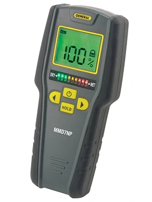 The MMD7NP moisture meter from General Tools & Instruments is a value-priced unit with a number of high-value features, such as automatic calibration and individual settings for drywall, masonry, softwood and hardwood. Pinless, non-penetrating operation reliably detects moisture underneath finished surfaces, making this unit ideal for contractors and building inspectors as well as home-owners and woodworkers. A large (2" diagonal) backlit LCD screen and tri-color bar graph make readouts easy to see in any lighting situation.