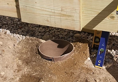 Tube-shaped cardboard forms can be cut to length and placed in the holes to pour the concrete footings. 