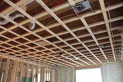 Shown here is the exposed framing of the room that needed soundproofing. 