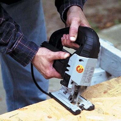 A jigsaw's footplate typically adjusts for bevel cuts between zero and 45 degrees.