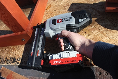 I shot finish nails into the side of the legs to hold them square while the glue dried. This cordless finish nailer from Porter-Cable made the job a snap.