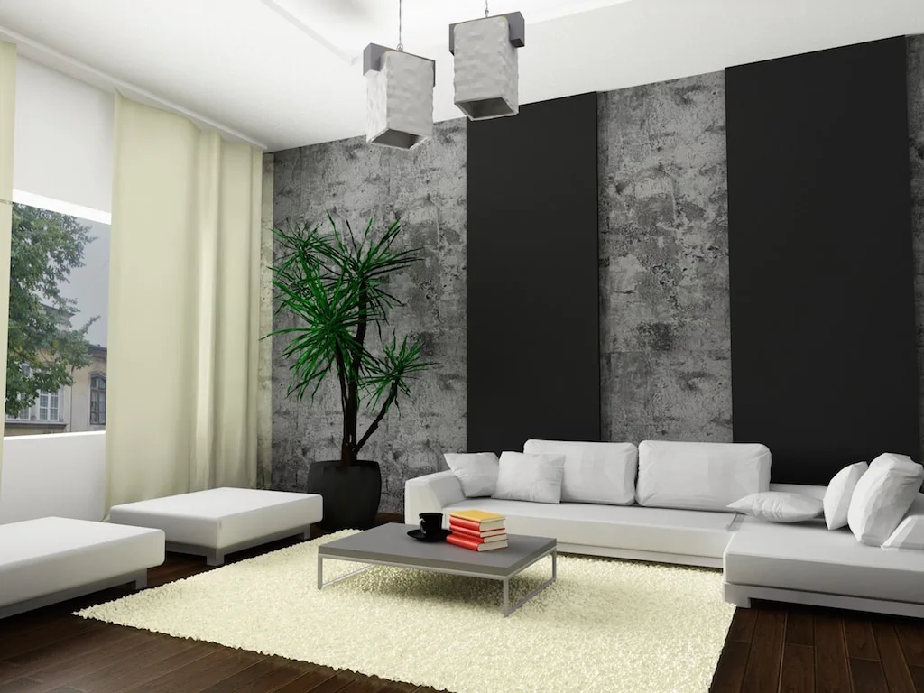 a modern and minimal home interior, with a white couch.