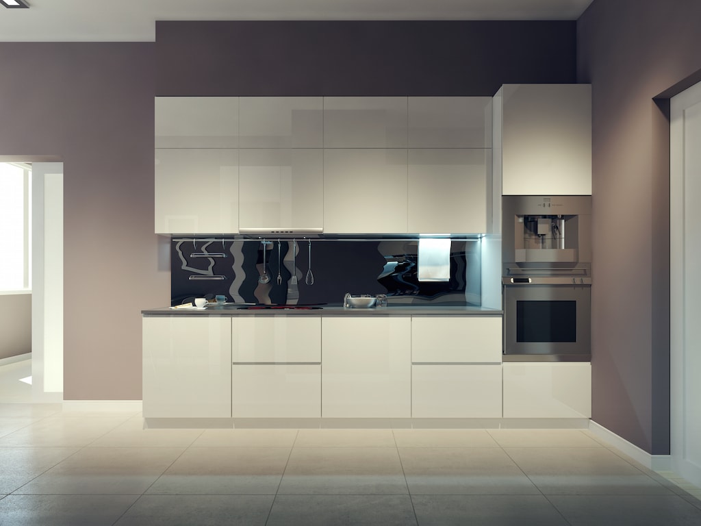 Modern kitchen design, white kitchen furniture. 3d render