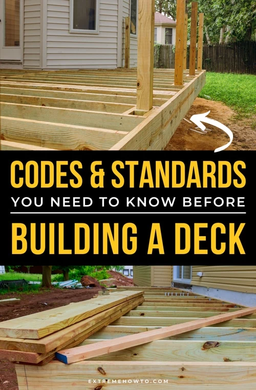 Deck framing with text overlay that says codes and standards you need to know before building a deck