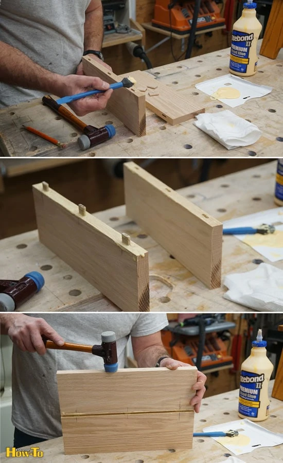 man adding glue to two pieces of wood to create top of single step stool