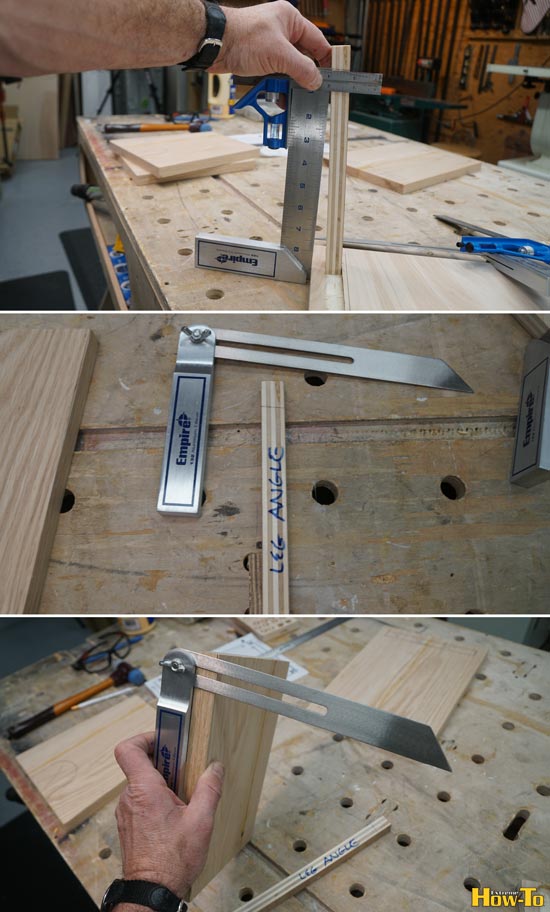 process photos of using a combination square and bevel to determine the bevel cut for the step stool feet