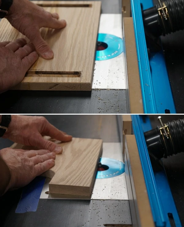 2 images of hands passing wood over a chamfer routing bit on a routing table