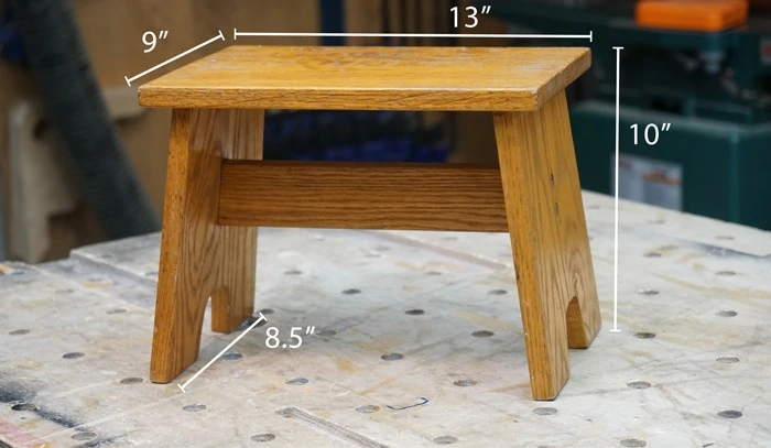 diy step stool plans with measurements shown: 9" depth, 13" width, 10" high with tapered legs at 8.5" wide at base