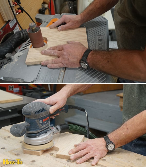 two images of man sanding pieces of wood prior to step stool assembly