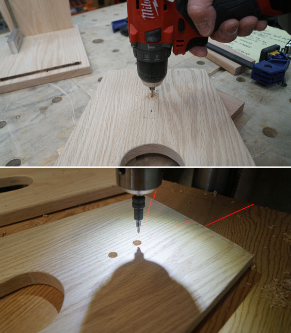 holes being drilled into wood to assemble diy step stool