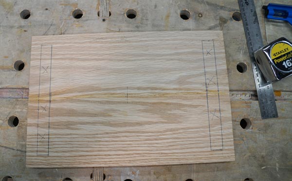 2 markings on piece of oak for step stool legs