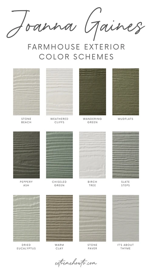 Magnolia Home James Hardie available colors with text overlay that says "Joanna Gaines farmhouse exterior color schemes"