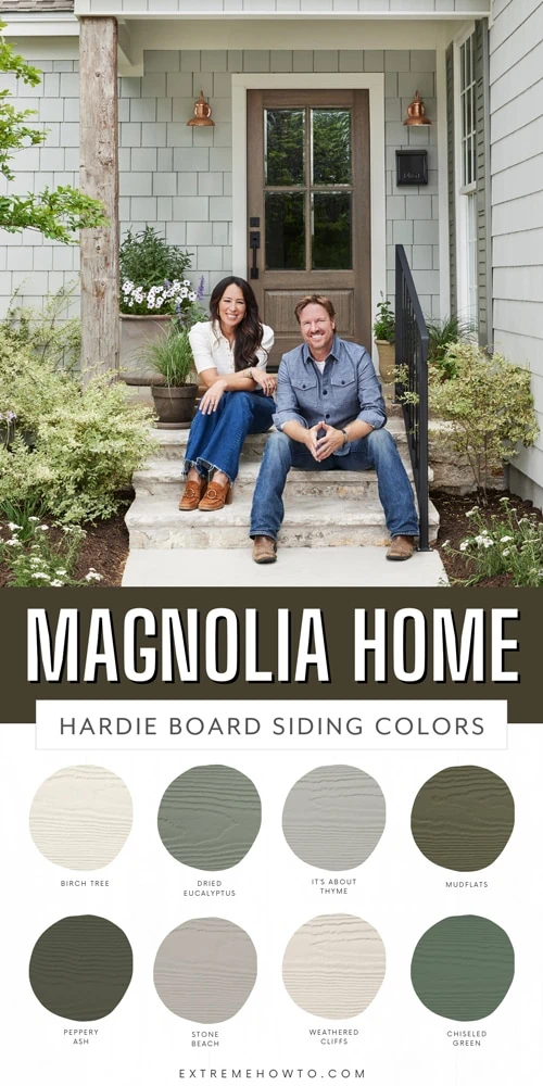 Chip and Joanna Gaines sitting on the front steps of a house with a color palette of the Magnolia Home Hardie Board Collection’s Colors including a variety of natural, earthy tones, including greens, beiges, and greys.
