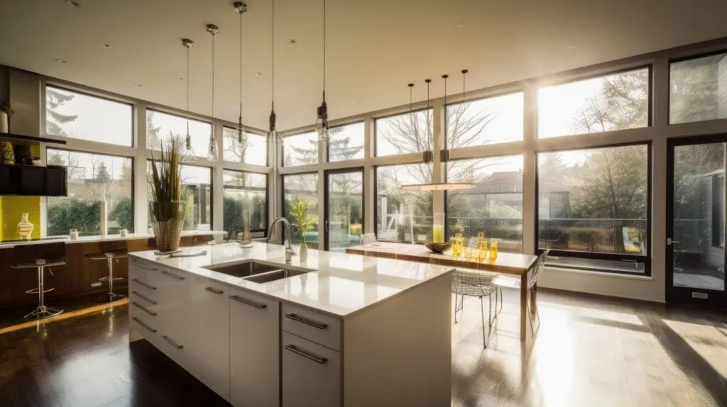 large windows connect kitchen with the outdoors
