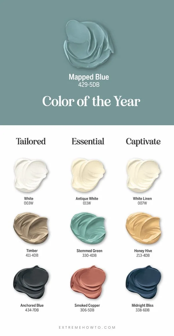 A paint color palette highlighting Dutch Boy Paint "Mapped Blue" (429-5DB) as the Color of the Year, displayed with coordinating shades grouped into three themes: Tailored (White, Timber, Anchored Blue), Essential (Antique White, Stemmed Green, Smoked Copper), and Captivate (White Linen, Honey Hive, Midnight Bliss). Image source: extremehowto.com.