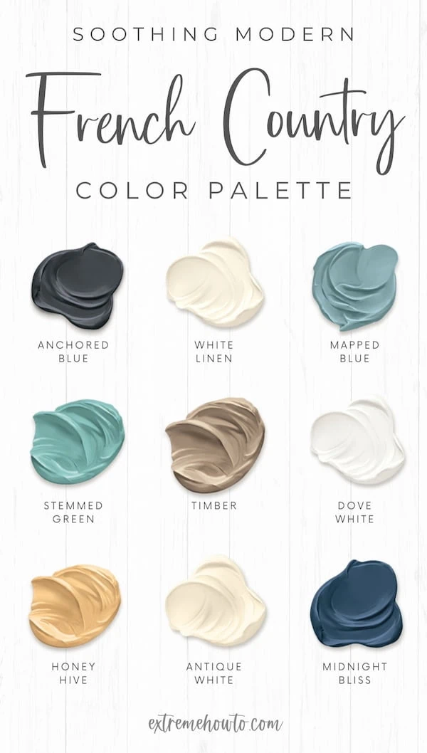 A soothing modern French country color palette featuring nine coordinating Dutch Boy Paint shades: Anchored Blue, White Linen, Mapped Blue, Stemmed Green, Timber, Dove White, Honey Hive, Antique White, and Midnight Bliss. The colors are arranged in a 3x3 grid with textured paint swatches on a light wood background, from extremehowto.com.