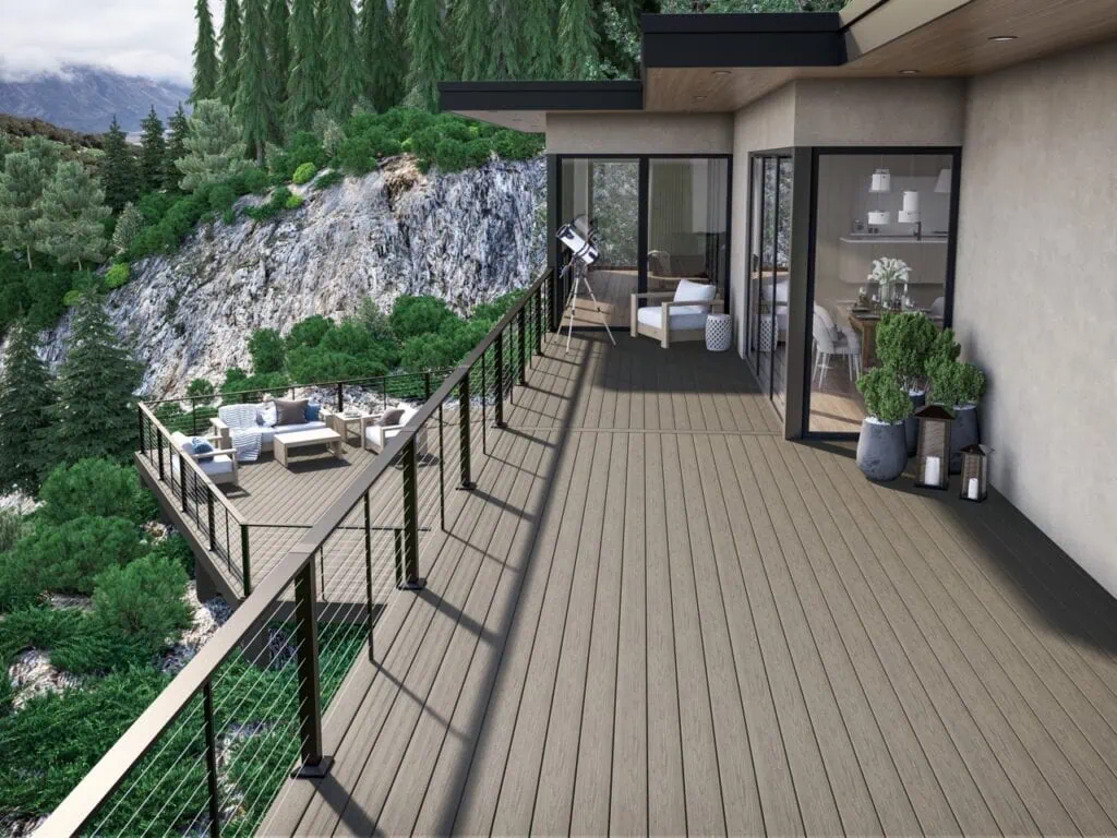 Deckorators Altitude FR Decking in Trailstone with Deckorators Cable Rail and Continuous Top Rail.