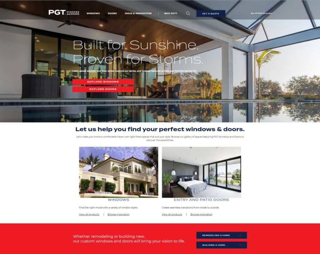 The refreshed PGT Windows and Doors website reflects the new look and updated brand pillars