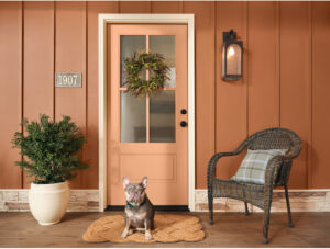 Exterior Siding: Dutch Boy PristineTM Exterior Paint + Primer Satin Deep Rooted โ311-7DBโ; (Exterior Window & Door Trim / Columns: Dutch Boy PristineTM Exterior Paint + Primer Satin Antique White 011W); (Front Door: Dutch Boy PristineTM Exterior Paint + Primer Satin Western Orange 209-4DBโ); (Wood Porch Floor: Dutch Boy Exterior Stain + Sealer Semi-Transparent Twig 934-1DB)
