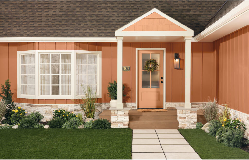 (Exterior Siding & Shingles: Dutch Boy PristineTM Exterior Paint + Primer Satin Deep Rooted 311-7DB); (Exterior Window & Door Trim / Columns: Dutch Boy PristineTM Exterior Paint + Primer Satin Antique White 011W); (Front Door: Dutch Boy PristineTM Exterior Paint + Primer Satin Western Orange 209-4DB); (Wood Porch Floor: Dutch Boy Exterior Stain + Sealer Semi-Transparent Twig 934-1DB)