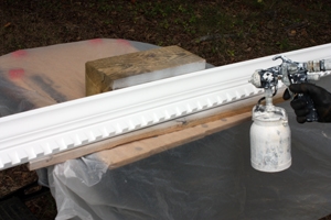 I recommend pre-painting dentil moulding with a sprayer to avoid brush-painting each individual dentil block.